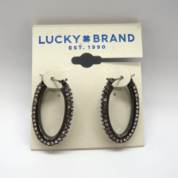 Lucky Brand Earrings Oval Crystal Encrusted Hoop Pierced Gunmetal Gray New - Picture 3 of 9